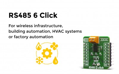 RS485 6 Click featuring a half-duplex RS-485 transceiver with integrated surge protection