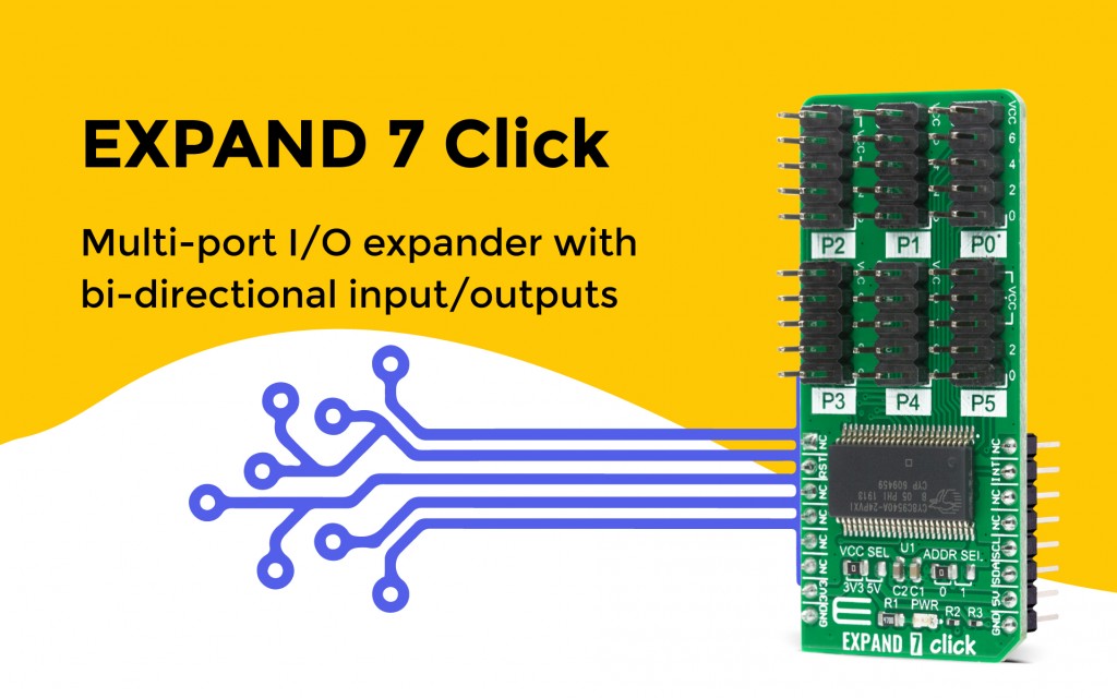 Expand 7 Click featuring a 40-bit I/O port expander with EEPROM and 8 independently configurable 8-bit PWM outputs