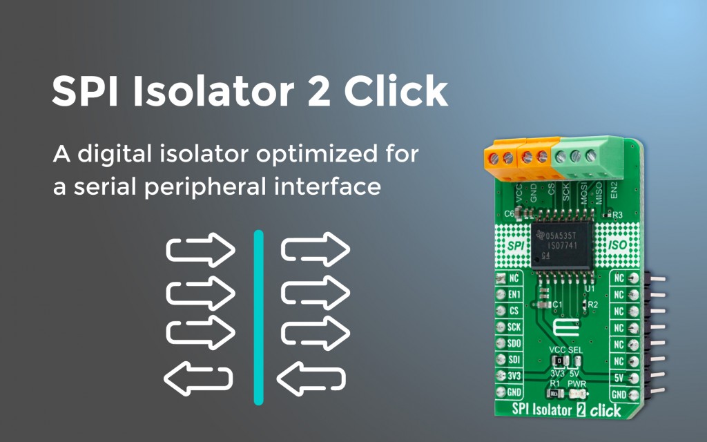 SPI Isolator 2 Click based on a quad-channel digital isolator with a galvanic isolation up to 5000Vrms
