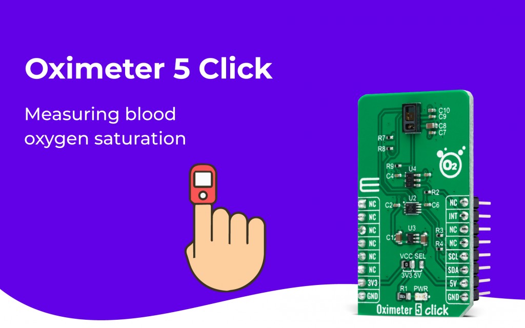 Oximeter 5 Click featuring pulse oximetry and heart-rate monitor module