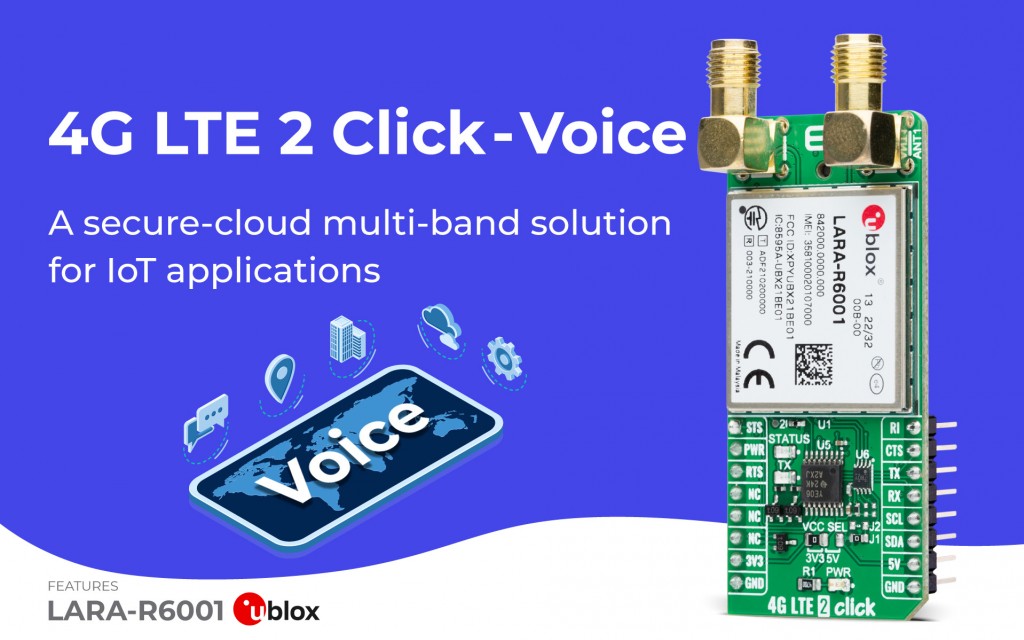 4G LTE 2 Click featuring an LTE Cat 1 module with global coverage and a built-in MQTT client (voice solution)