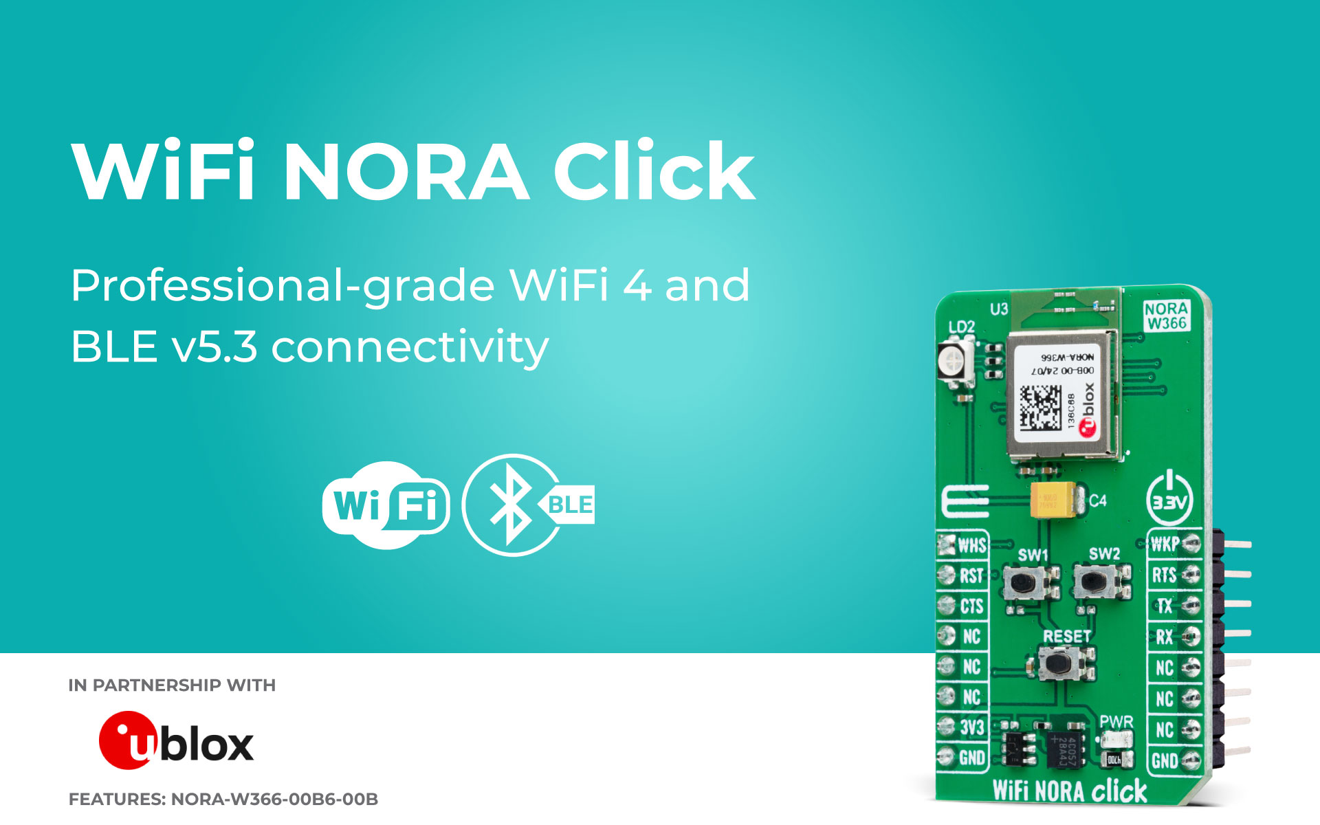 WiFi NORA Click featuring dual-band WiFi module with Bluetooth LE for ...