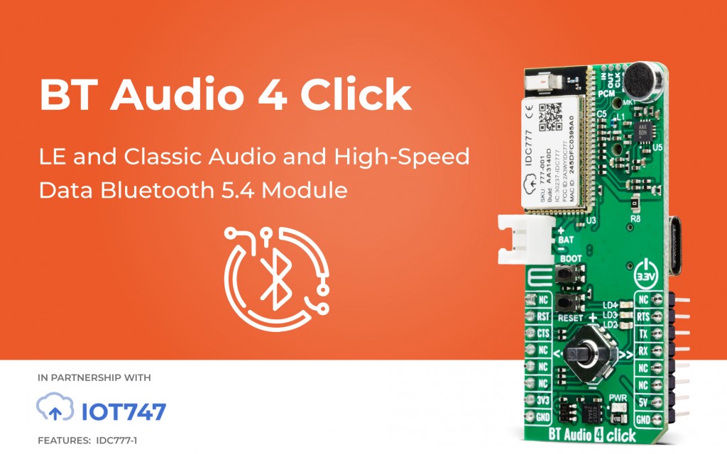 BT Audio 4 Click designed to provide high-quality wireless audio streaming and data communication over Bluetooth