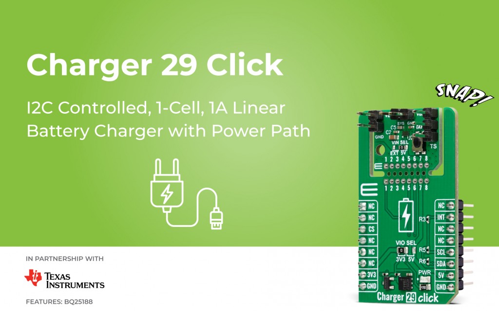 Charger 29 Click designed for single-cell battery charging and power path management in low-power applications