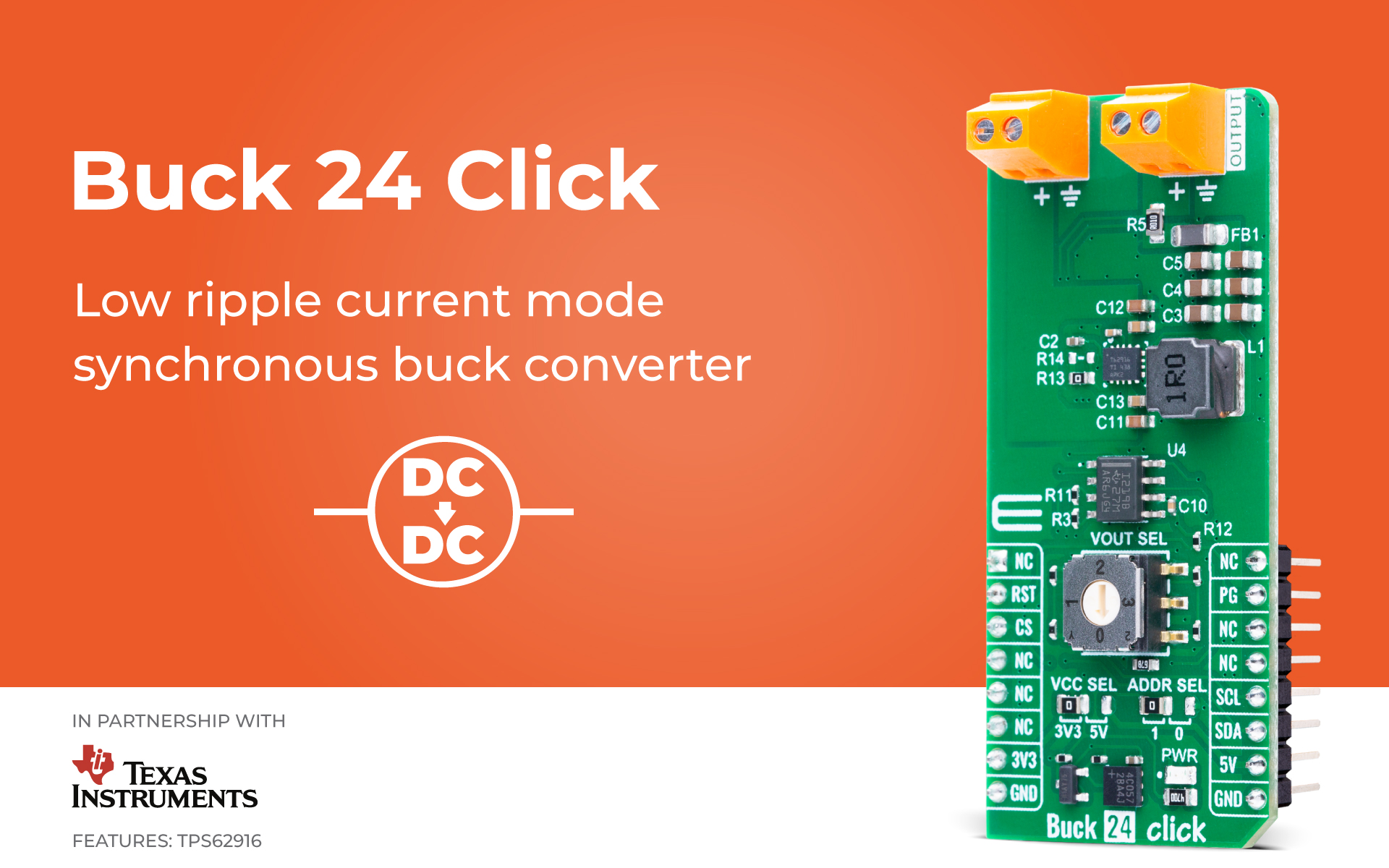 Buck 24 Click designed for low-noise and low-ripple DC/DC buck conversion