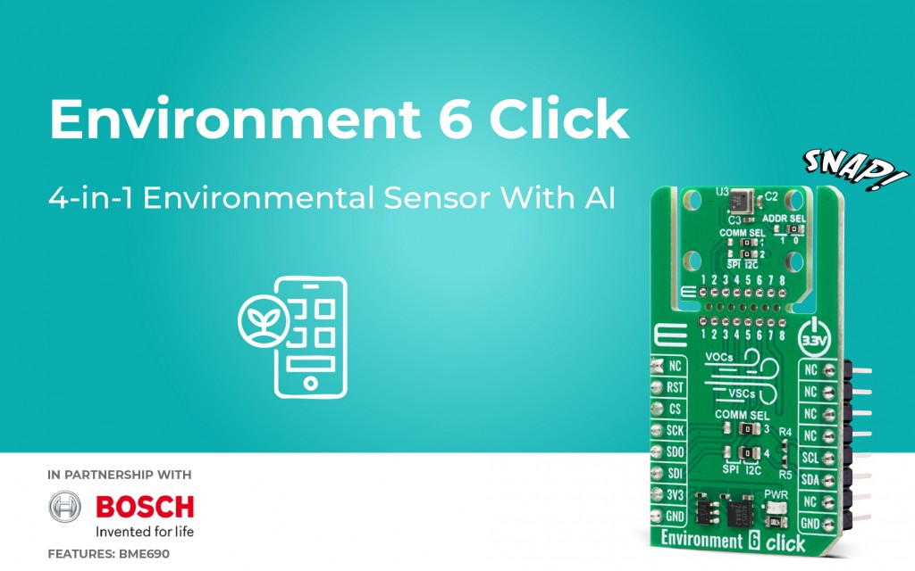 Environment 6 Click designed for precise monitoring of air quality and ambient conditions