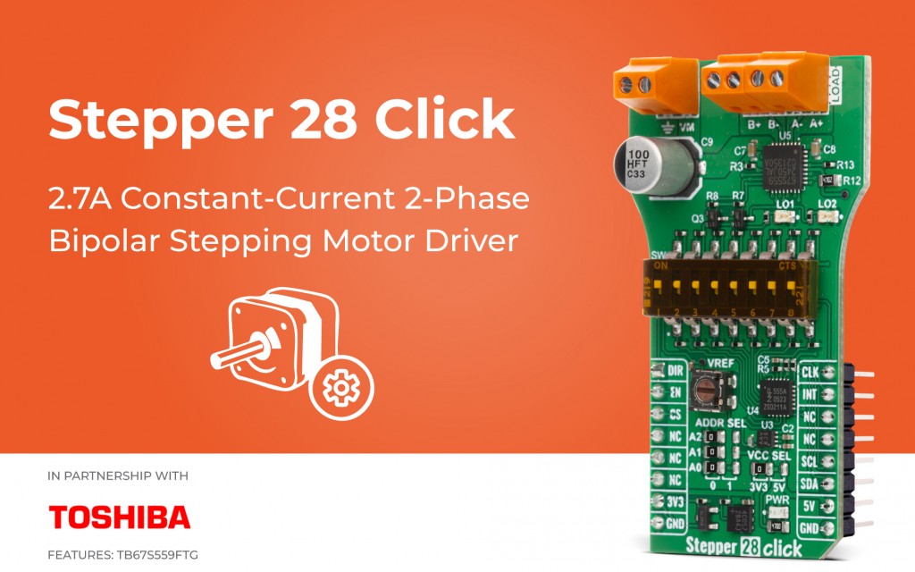 Stepper 28 Click designed for control of 2-phase bipolar stepper motors
