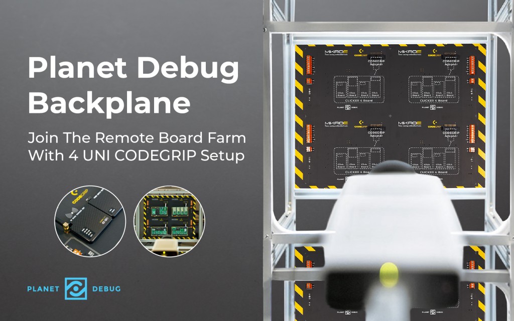 Planet Debug Backplane with 4 UNI CODEGRIP units for multi-board setups in the easily scalable remote access board farm