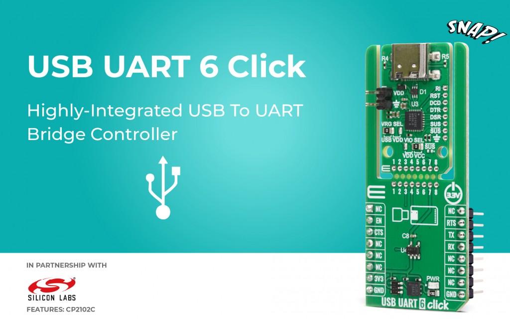 USB UART 6 Click designed to provide a conversion of USB signals to UART serial communication
