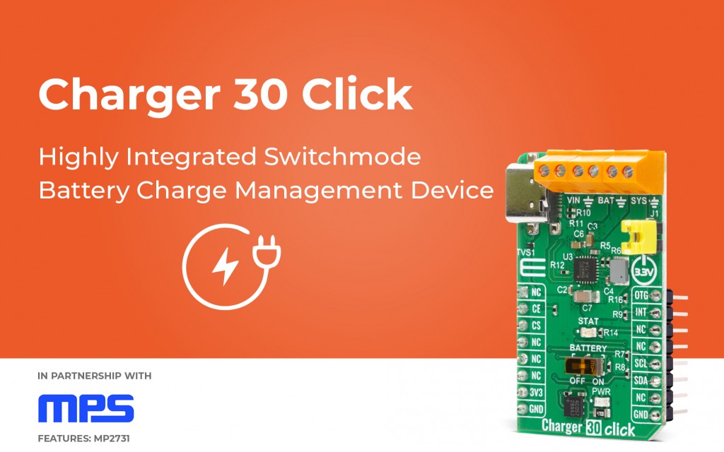 Charger 30 Click designed for single-cell Li-ion or Li-polymer battery charging and system power management