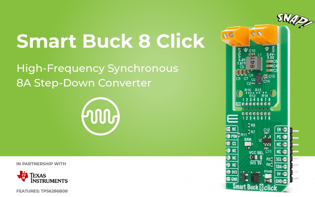 Smart Buck 8 Click providing a high-current adjustable step-down power solution for embedded systems