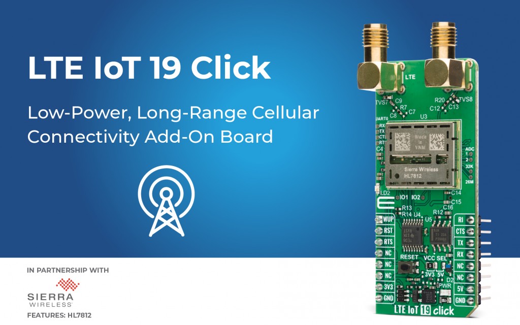 LTE IoT 19 Click designed for low-power long-range LTE-M/NB-IoT cellular connectivity
