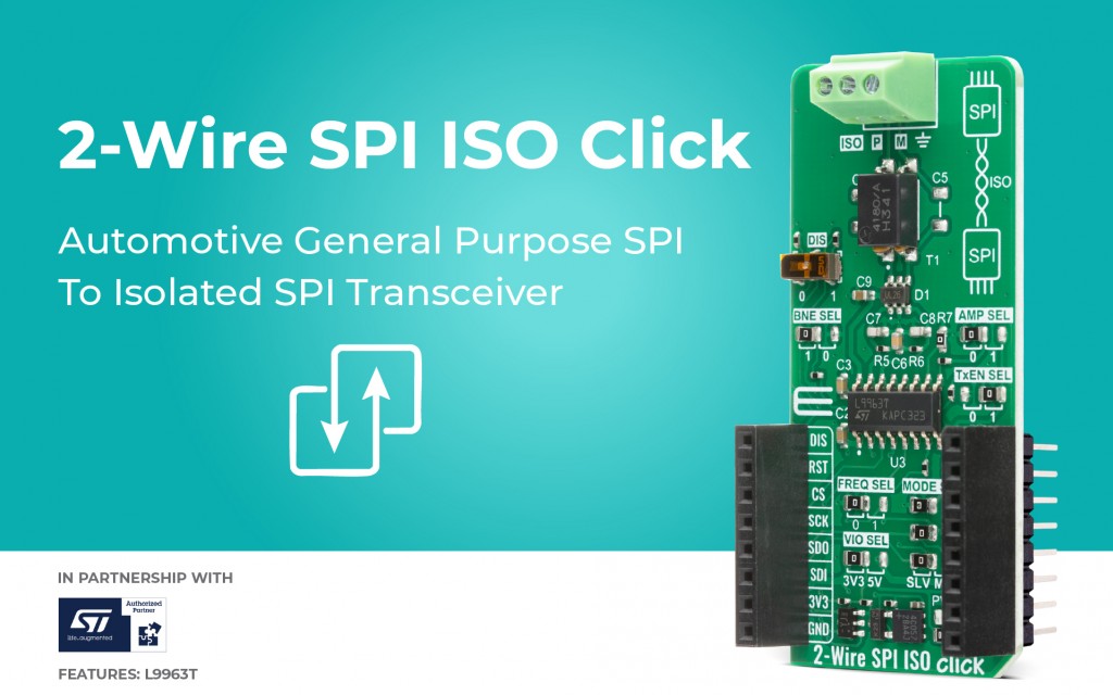 2-Wire SPI ISO Click that bridge standard SPI and isolated 2-wire SPI interfaces with configurable operational modes