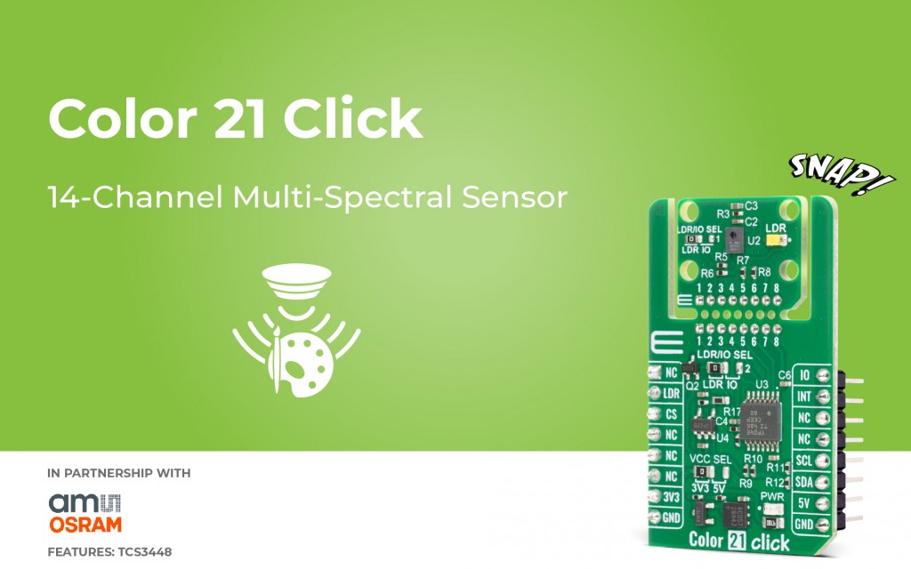 Color 21 Click that provides multi-spectral light sensing and ambient color measurement for embedded applications