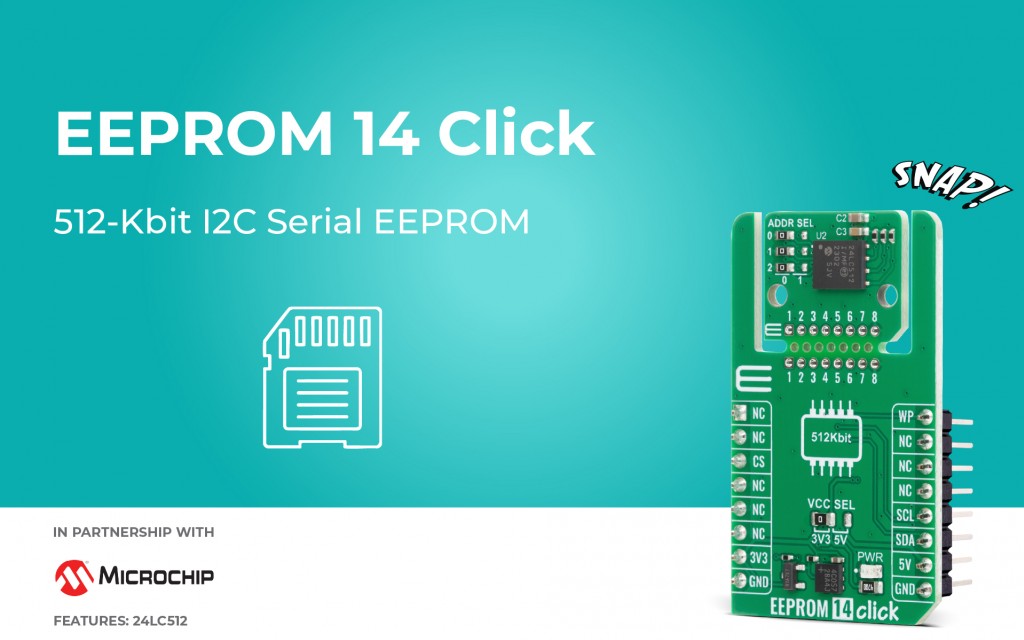 EEPROM 14 Click featuring automotive-grade high-endurance EEPROM for reliable long-term data storage