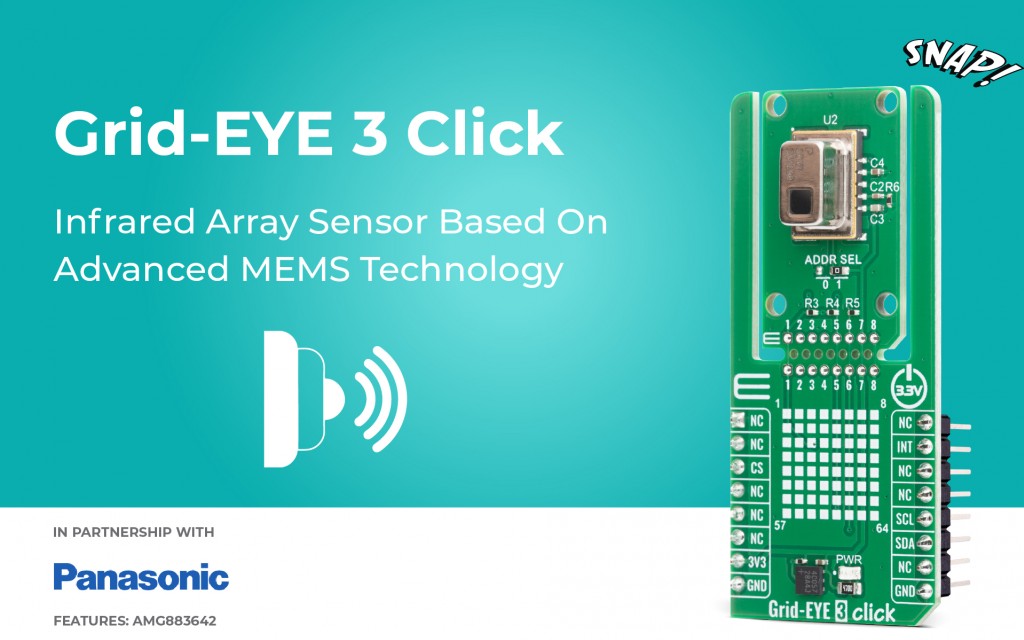 Grid-EYE 3 Click designed for thermal imaging by detecting temperature distribution across a two-dimensional area