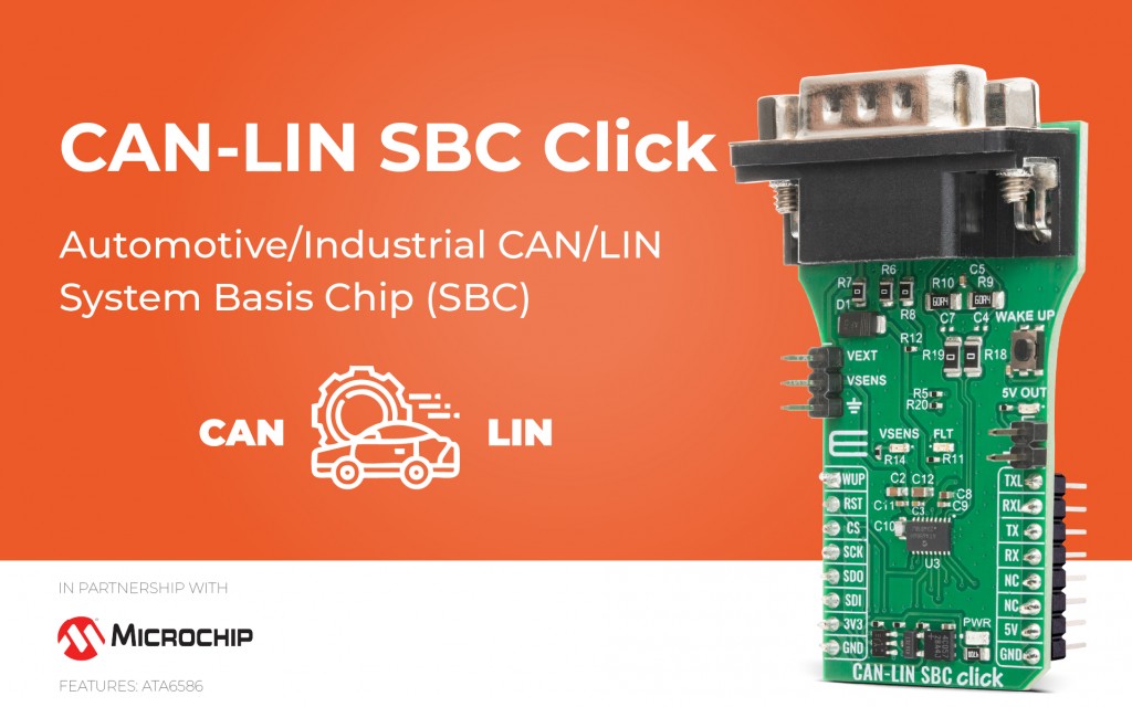 CAN-LIN SBC Click designed for high-speed communication over both Controller Area Network (CAN) and Local Interconnect Network (LIN) interfaces