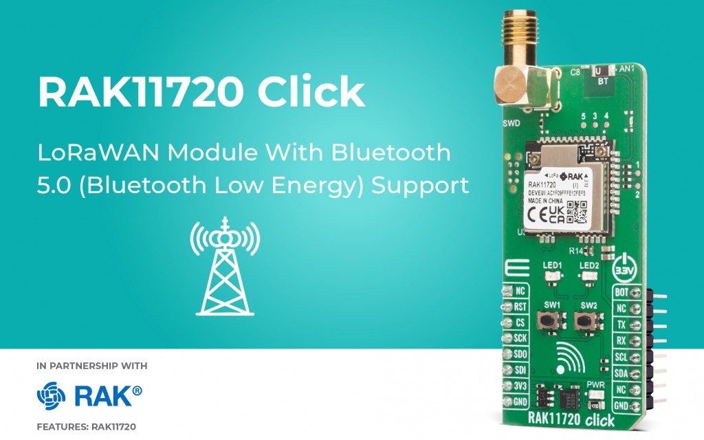 RAK11720 Click designed for long-range LoRaWAN and short-range Bluetooth Low Energy communication