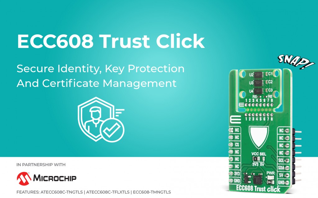ECC608 Trust Click designed for hardware-rooted security and cloud authentication (Trust&GO, TrustFLEX, and TrustMANAGER)
