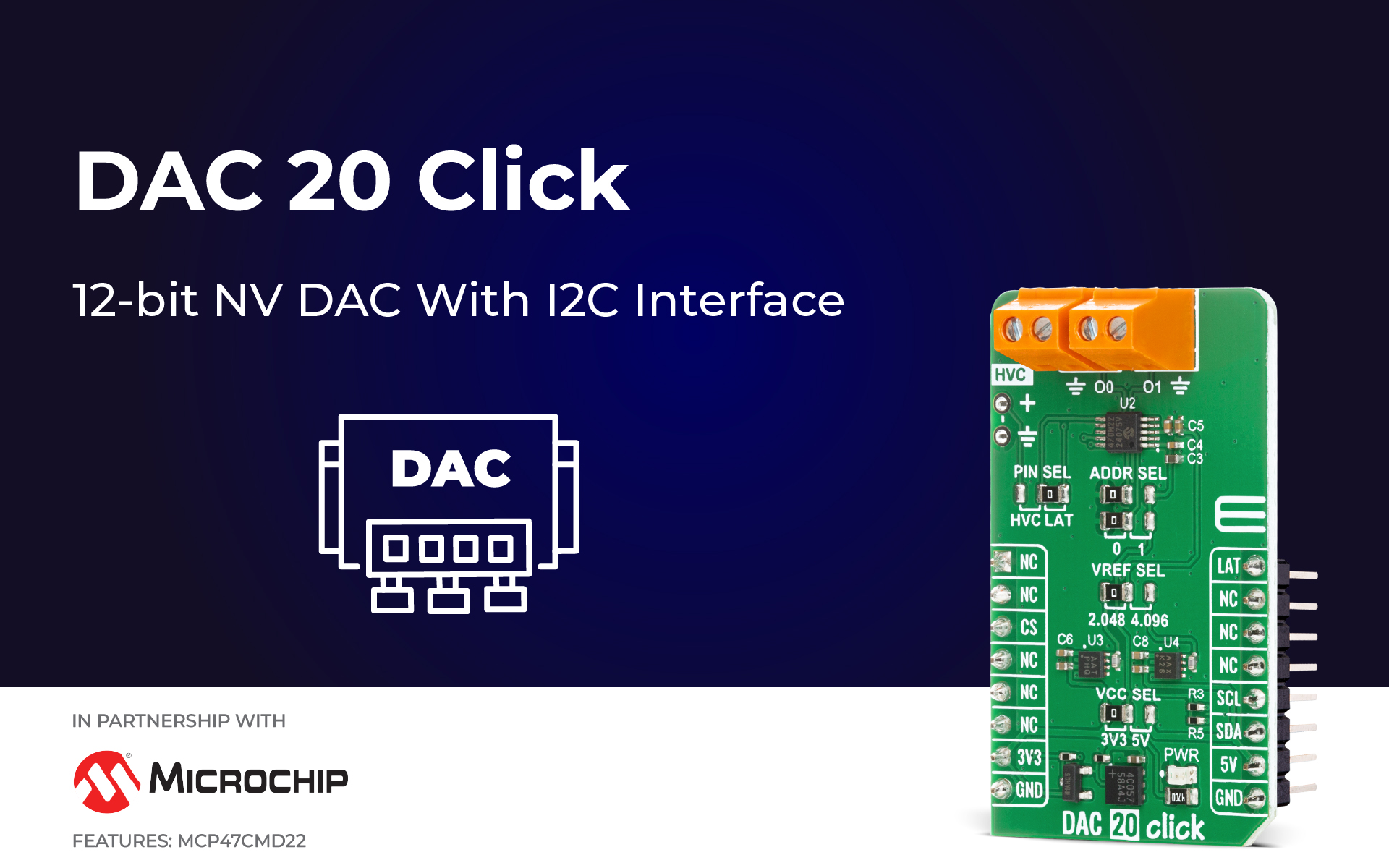 Dac20 DAC 20 Click designed for dual-channel digital-to-analog voltage conversion