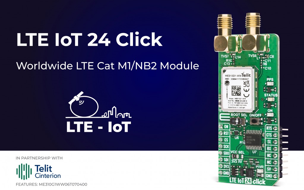 LTE IoT 24 Click featuring dual-mode LTE-M/NB-IoT connectivity with ...