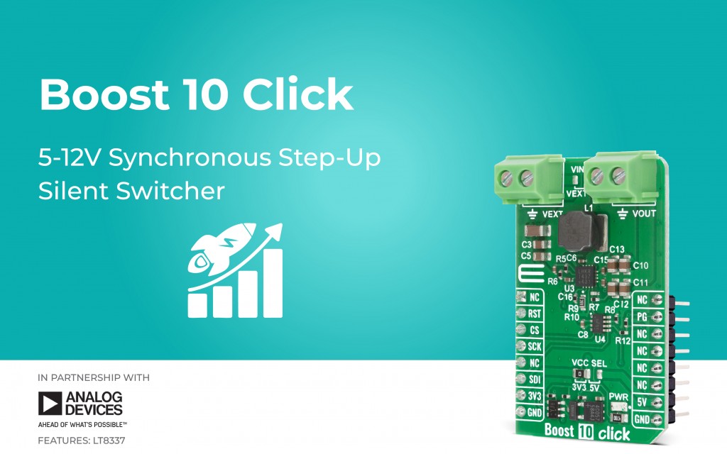Secure Boost Switch Boost 10 Click designed for regulated step-up power conversion in ...