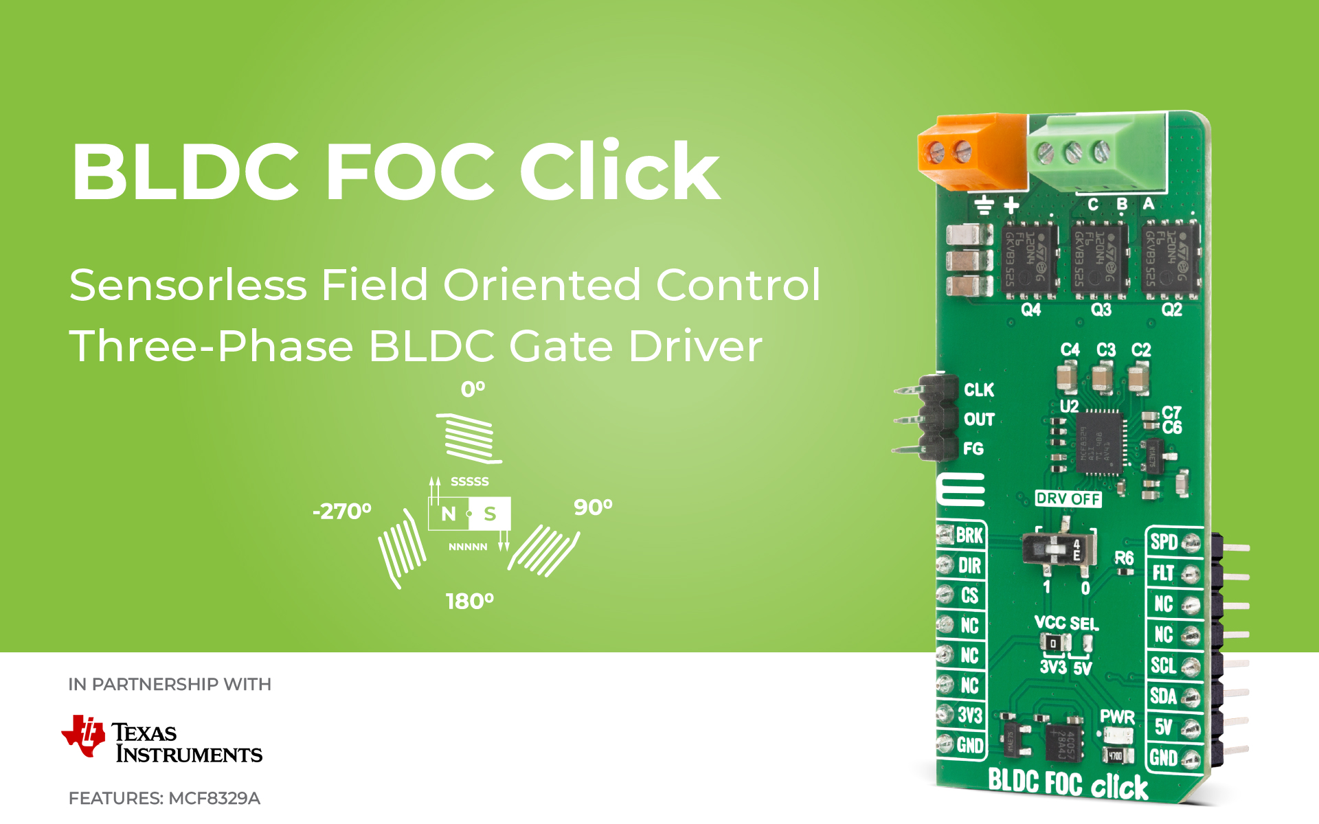 BLDC FOC Click designed for code-free sensorless control of three-phase ...